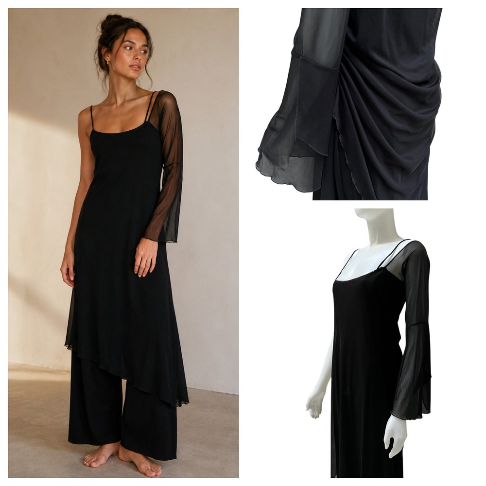 Vintage Tempo Paris Y2K Whimsygoth Mesh Sheer Sleeve Overlay Jumpsuit Wide Leg S